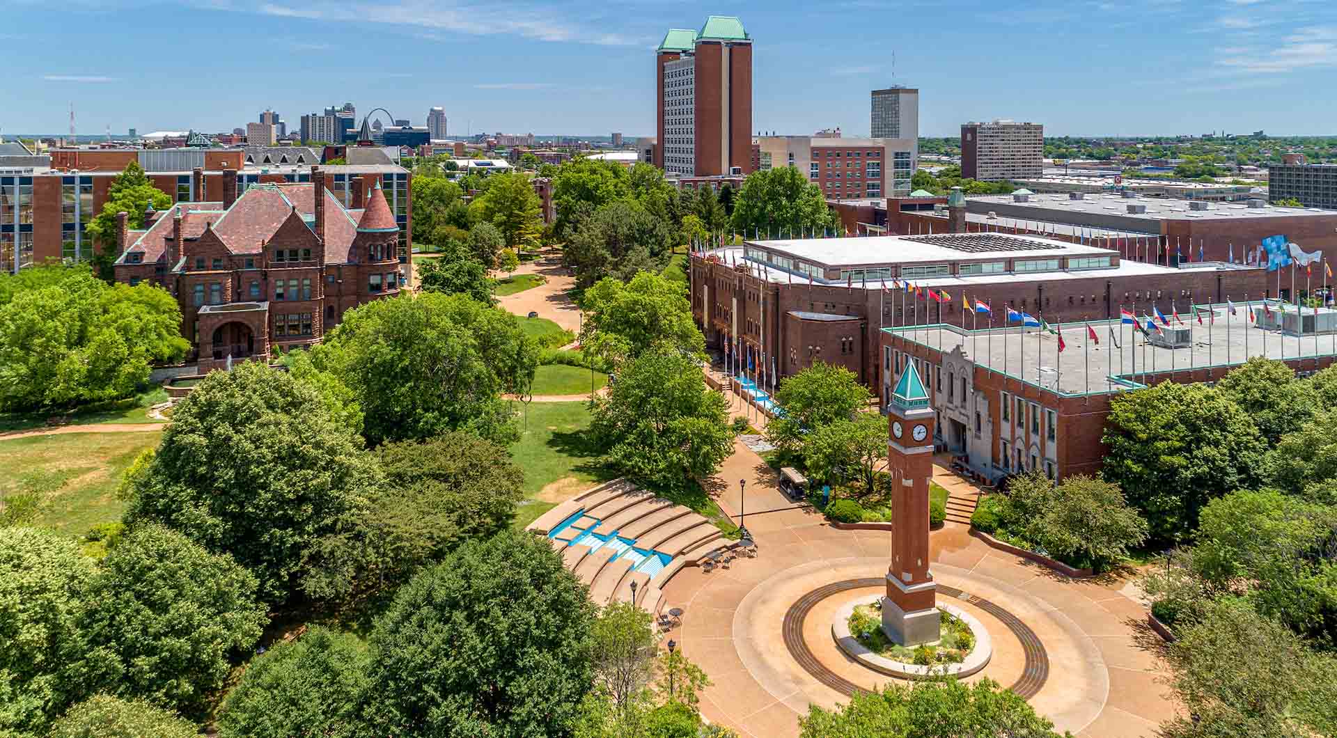 Aerial view of the SLU clocktower and Cupples House