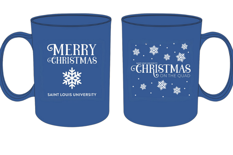 COTQ Mug A mug is pictured that says Merry Christmas Saint Louis University with an image of a snowflake on the side. On the other side are several small snowflakes and the words Christmas on the Quad.