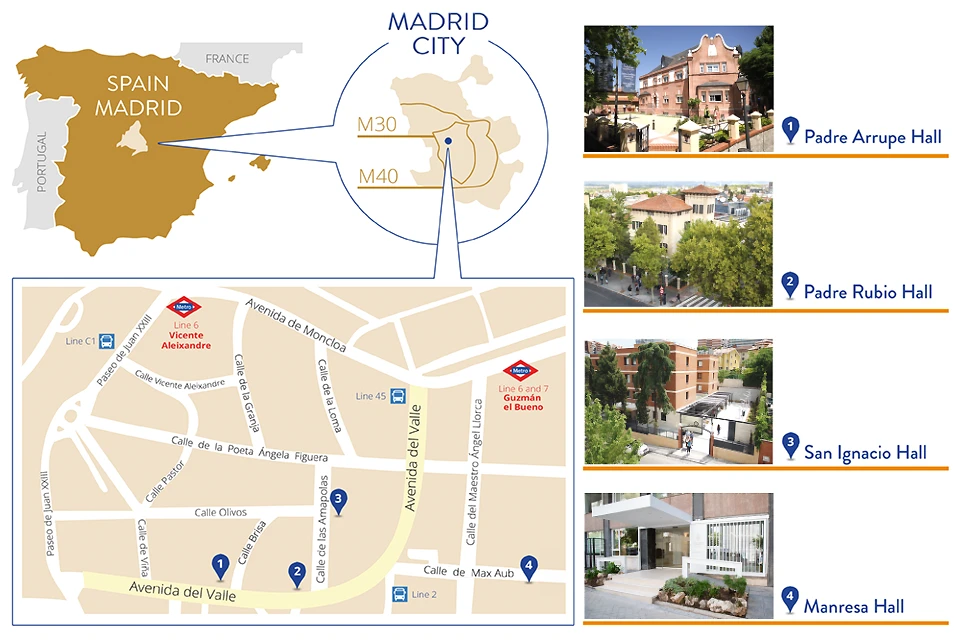 Map showing the location of Madrid within Spain and the location of SLU Madrid within the city of Madrid. The map also shows the locations of Padre Arrupe Hall and Padre Rubio Hall on Avenida del Valle; San Ignacio Hall on Calle de las Amapolas, and Manresa Hall on Calle de Max Aub