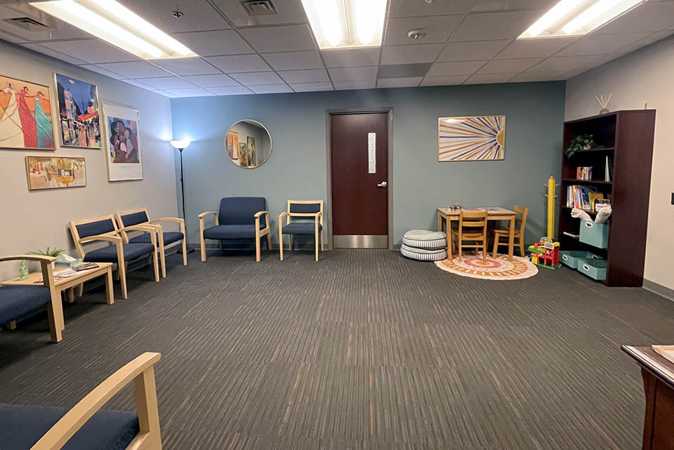 An empty waiting room inside of the PSC. 