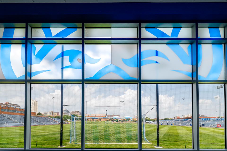 A view of a soccer field on SLU's campus.