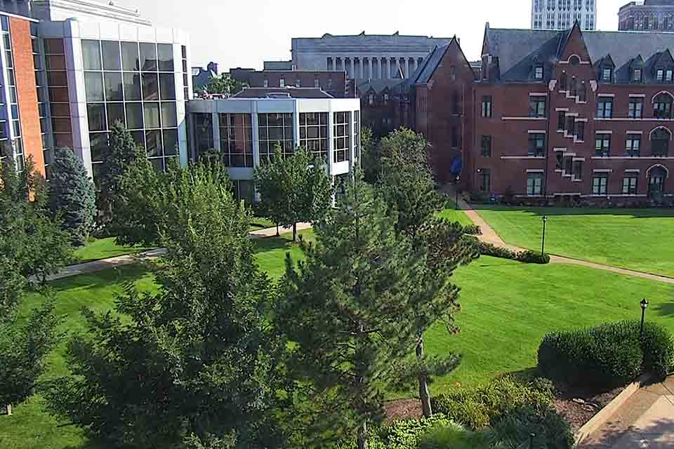 View of the SLU Quad showing DuBourg Hall and Pius Library